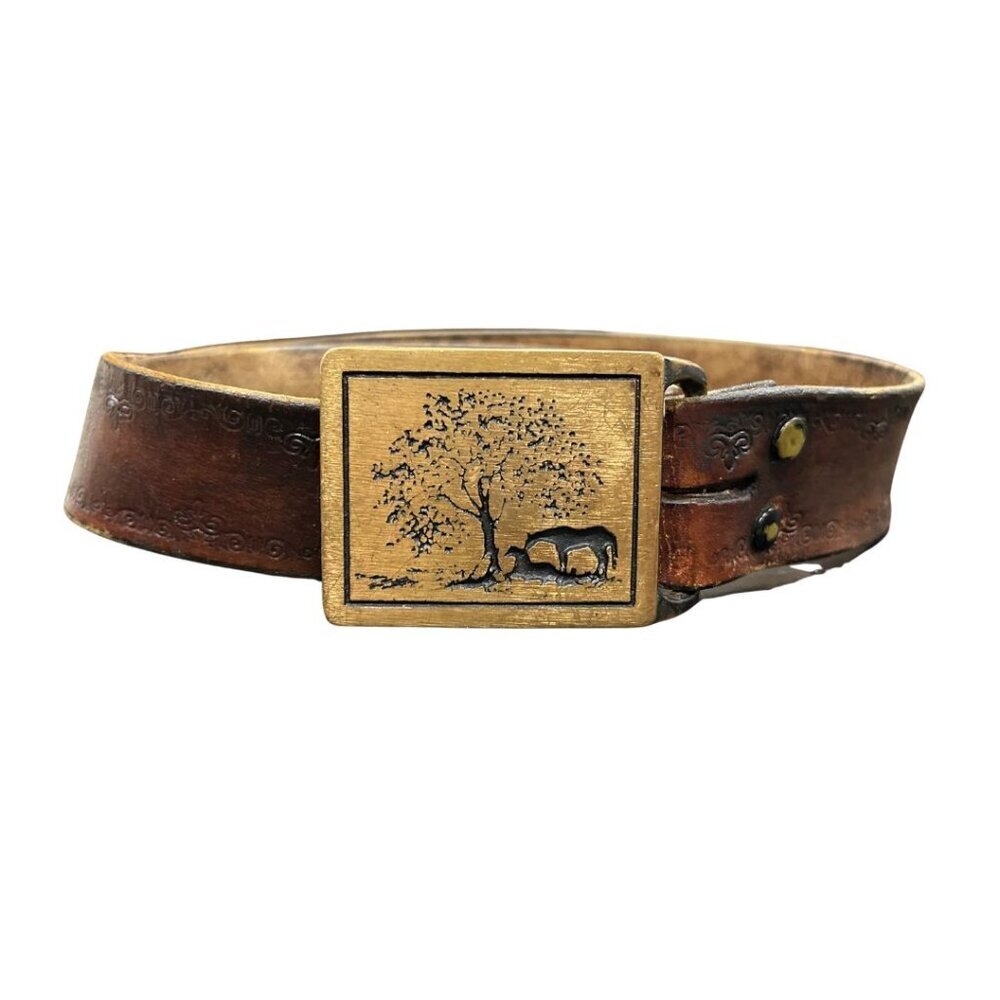 Vintage 1975 Two Horses Tech Ether Guild Brass Belt – Genuine Leather Rare
